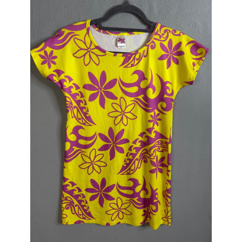 Girly Flirt Dress Girls Size 12 Yellow & Purple Floral Tribal Short Sleeve